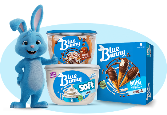 Blu giving a thumbs up next to Blue Bunny products