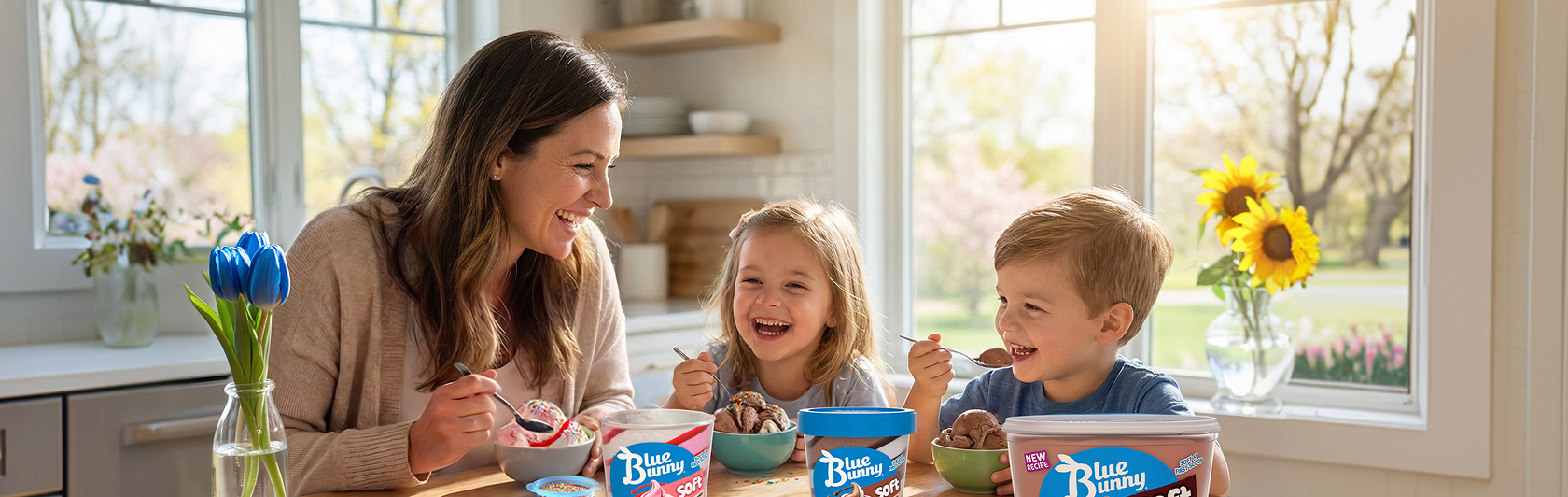 Mom and her two kids smiling and eating Blue Bunny Soft Products