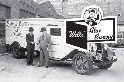 Two men in front of a Blue Bunny Ice Cream truck