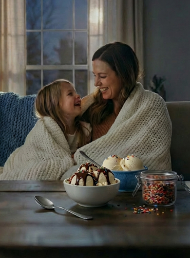 A mom and daughter enjoying a Blue Bunny treat together