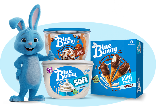 Blu giving a thumbs up next to Blue Bunny products