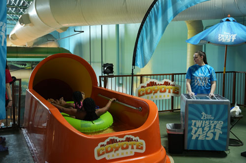 Kids going down a slide next to the Twisted Taste Test station
