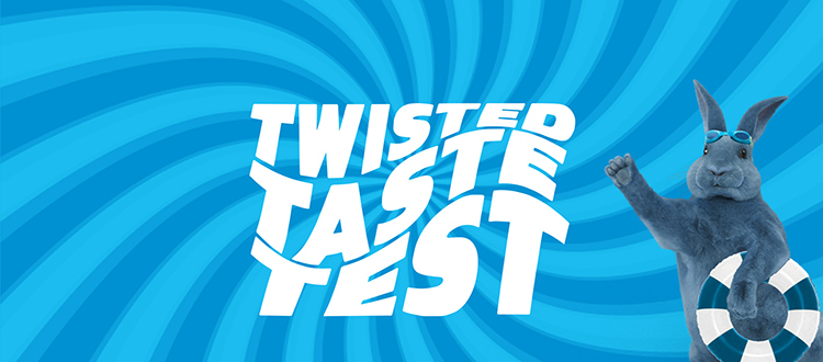 Twisted Taste Test twisted text with Blu holding a life preserver