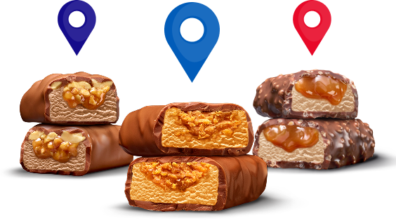 Stacked Butterfinger, Baby Ruth, and 100 Grand with location pins on top of each ice cream candy bar