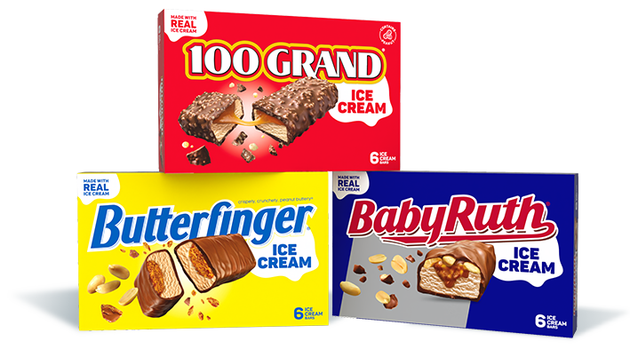 Boxes of Butterfinger, Baby Ruth, and 100 Grand Ice Cream Bars