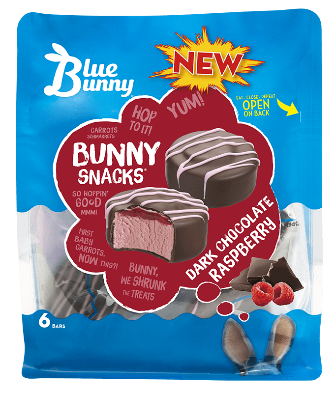 Dark Chocolate Raspberry Bunny Snacks® Front View Package