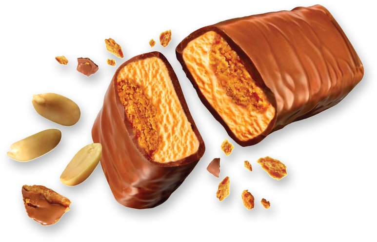 Ice Cream bar broken in half with pieces flying out