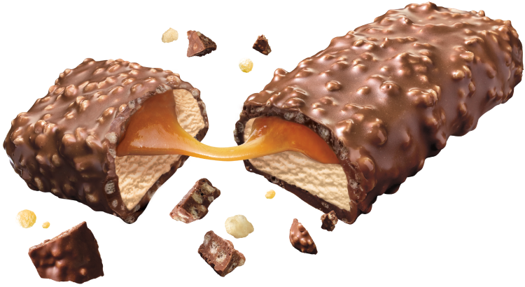 Ice Cream bar broken in half with pieces flying out