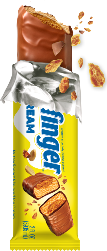 Ice Cream Bar partially unwrapped with a bite taken out and pieces flying