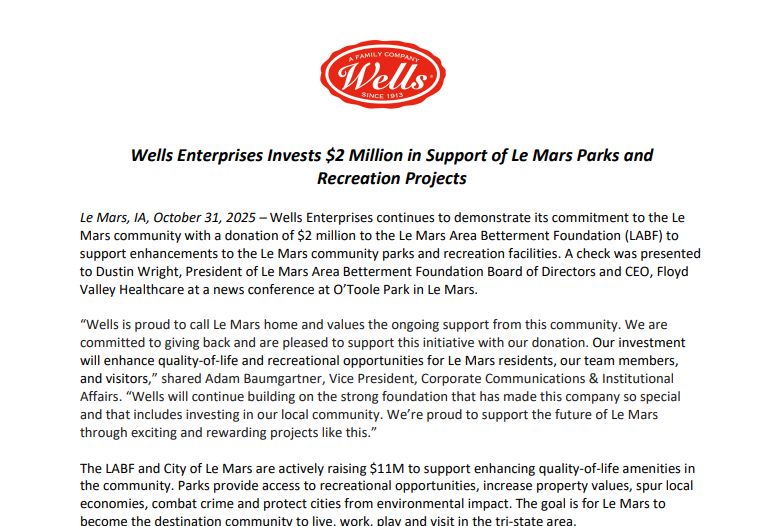 Wells Enterprises Invests $2 Million in Support of Le Mars Parks and Recreation ProjectsThumbnail